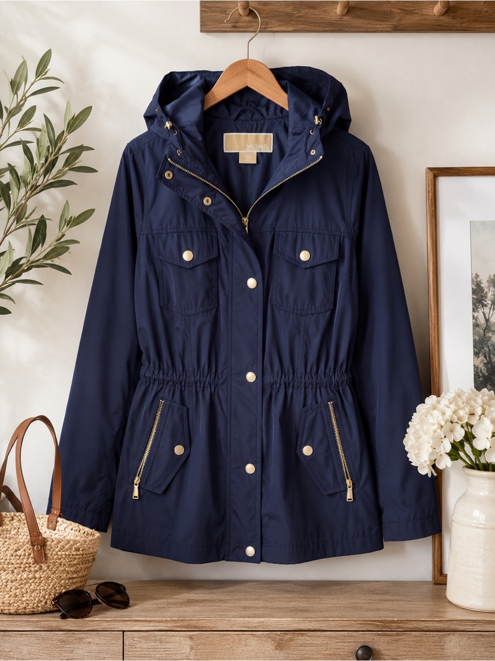 Michael Michael Kors Navy Hooded Utility Anorak Jacket Gold Hardware XL